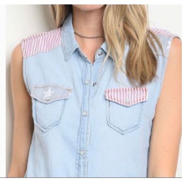 Womens Chiqle Denim Architect Stars & Stripes Sleeveless Top - Sz M - Picture 3 of 4